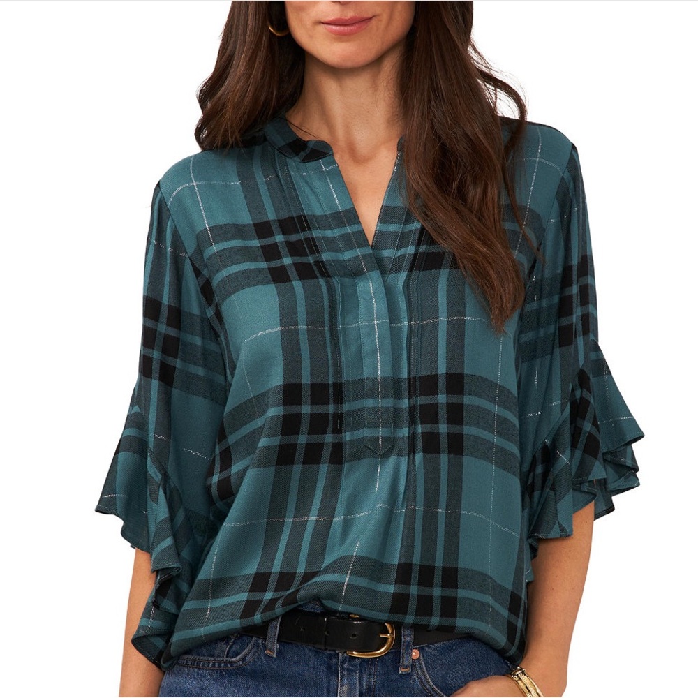 Vince Camuto Teal and Black Plaid Ruffle Blouse